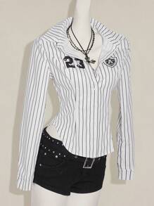 SHEIN ICON 女式黑白条纹长袖短款衬衫，数字印花，修身剪裁，学院风，夏季女士棒球衫细条纹棒球衫女士棒球上衣女士棒球球衣棒球纽扣衬衫 - 彩色 - 查看 3