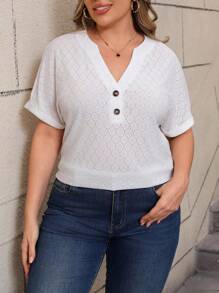 SHEIN Plus Size Summer Casual Solid Color Textured Boat Neck Blouse - White - View 5