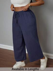 SHEIN PETITE CURVE Plus Size Solid Color Tie Front Pocket Simple Casual Pants, Daily Casual Wear