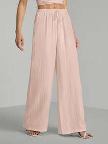 SHEIN Tall Loose Drawstring Waist Trousers In Textured Crinkle Fabric Pink Pants