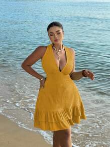 SHEIN SunnyBelle Đầm suông hở lưng cổ chữ V sâu cỡ lớn, đi nghỉ - Màu vàng - Xem 4