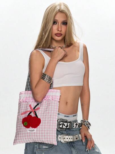 Kawaii 1pc Sweet & Cute Plaid Floral Cherry Pattern Bow Lace Splicing Reversible Shoulder Bag For Women, Suitable For Daily Commute, Shopping And More