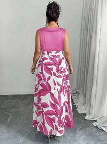 Elenzga Đầm dự tiệc không tay họa tiết cây thanh lịch cỡ lớn cho nữ - Màu Hồng Tươi - Xem 2