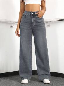 SHEIN Jeans casuales de ajuste holgado para mujer con bolsillos laterales y diseño de pierna ancha