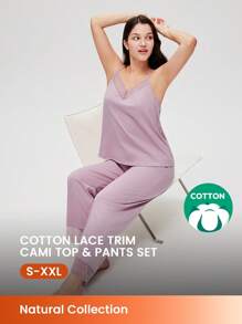 LUVLETTE Summer Women Breathable 100% Pure Cotton Purple Lace Elegance Trim V-Neck Camisole Top & Pants Airy Loungewear Pajama Set Cotton Pajamas - Purple - View 1
