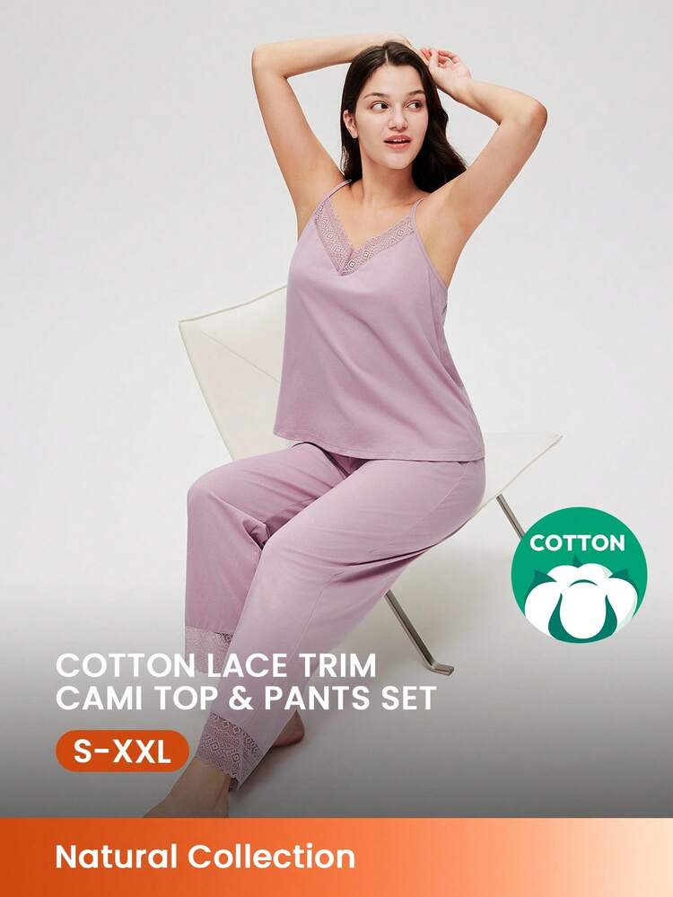 Cotton Purple Lace Trim V-Neck Camisole Top & Pants Loungewear Pajama Set