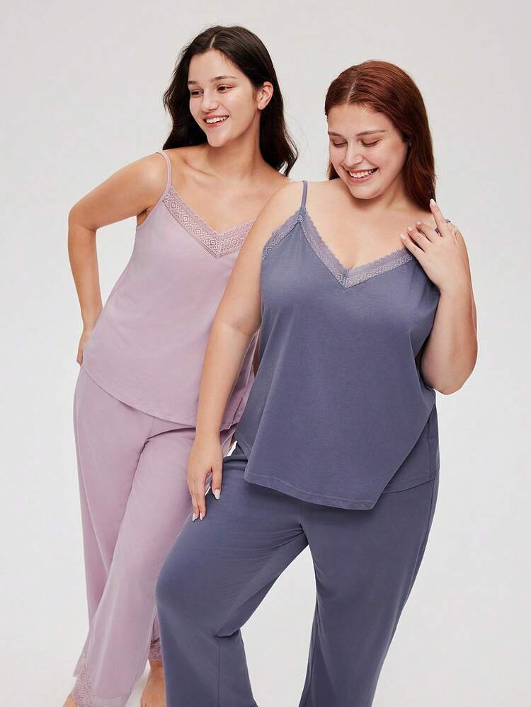 Cotton Purple Lace Trim V-Neck Camisole Top & Pants Loungewear Pajama Set