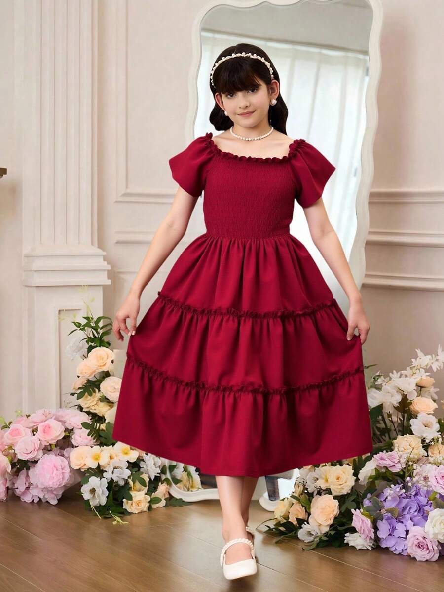 Tween Girl Solid Peplum Short Sleeve Dress - Red - View 1