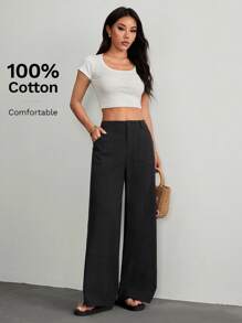 SHEIN PETITE 女士纯色口袋休闲宽松低腰直筒裤 - 黑色 - 查看 4