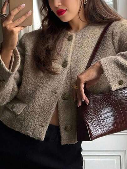 INAWLY 女士纯色前扣优雅时尚长袖夹克，秋冬