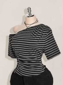 SHEIN ICON 大码黑灰条纹露肩针织短袖上衣，条纹休闲短款T恤，适合夏季、返校季、Y2K风格、日常穿着 - 彩色 - 查看 7