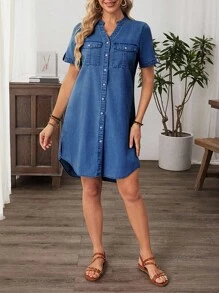 EMERY ROSE 女式纯色短袖夏季时尚休闲牛仔连衣裙