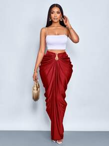 SOLERSUN Váy xếp ly màu trơn thời trang nữ - Màu Đỏ Sâu - Xem 4