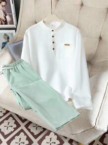 2 件套青少年男孩正装 - 白色中式立领长袖衬衫 + 休闲长裤，绅士西装套装，适合外出、街头装、学校装、生日派对、日常休闲装、婚礼、婚礼嘉宾装、花童装、戒童装 - 彩色 - 查看 1