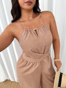 SHEIN PETITE Bộ đồ liền thân ống rộng màu trơn cạp chéo cỡ lớn dành cho nữ - Màu Khaki - Xem 6