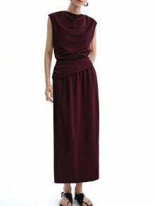 Aalyst 2件套女士夏季简约优雅纯色酒红色褶饰上衣和裤子套装