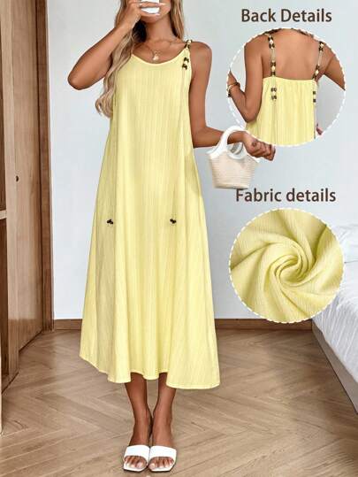 SHEIN LUNE Women's Casual Solid Color Tie-Waist Fitted Summer Holiday Daily Basic Sleeveless Mid-Length Slip Lemon Yellow Sun Dress, Outfit Vacation Country Concert Outfit, Hawaii Outfit