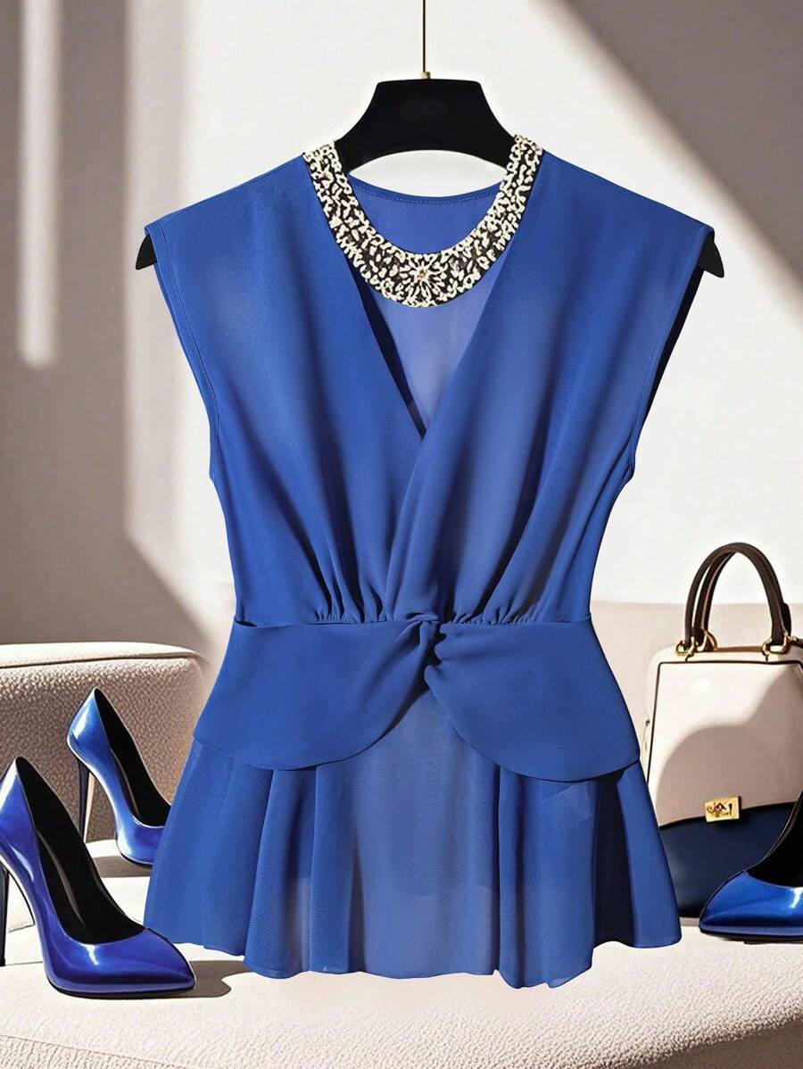 SHEIN Clasi 大码女式时尚休闲通勤优雅无袖衬衫 - 藍色 - 查看 1