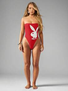 Missguided x Playboy MISSGUIDED Traje de baño de una pieza con corte alto y estilo retro navideño, con estampado de icono de conejito, corte alto en los muslos y sin tirantes, para playa, piscina y fiestas de verano