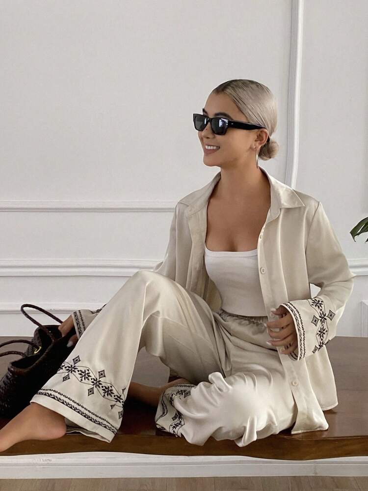 2pcs Women Casual Button Up Shirt & Long Pants Set,Fall Clothes