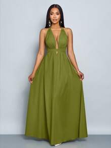 SOLERSUN Vestido Longo Mulher Cor Sólida Decote em V Halter Férias Praia Amarrações Cruzadas Costas Abertas Vestido de Férias Roupas de Praia - Verde Militar - Visão 5