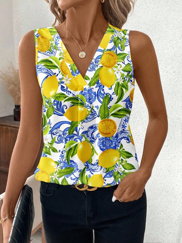 SHEIN Clasi Lässiger Urlaubsstil orangefarbenes Zitronen Allover-Druckmuster Damen-Trägertop, geeignet für den Sommerurlaub