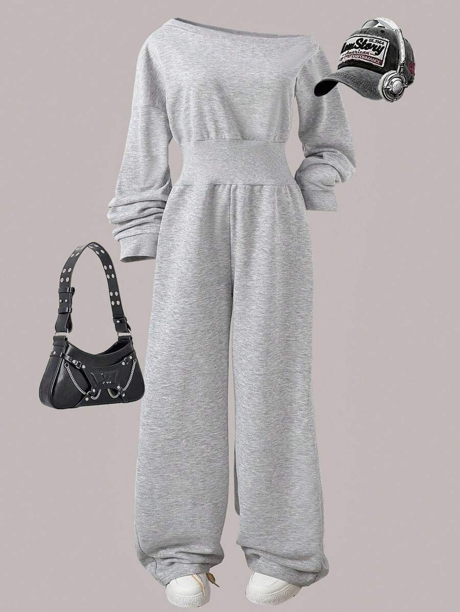 Teen Girl Loose Asymmetrical Neckline Waisted Jumpsuit, Casual European And American Fashion Korean Style, Suitable For Spring And Autumn