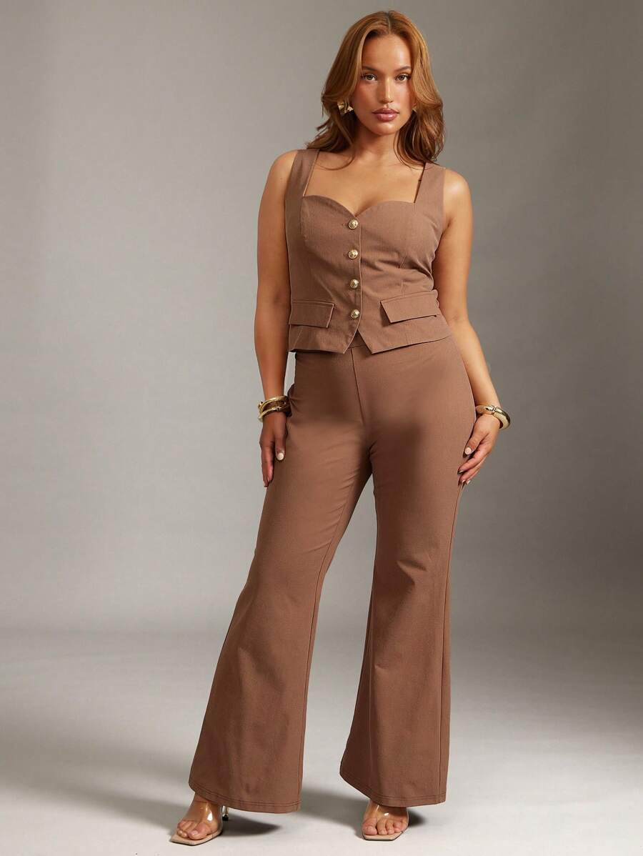 Hauture Women's High Waisted Dark Nude Fitted Pants With Front Seams - Camel - View 1