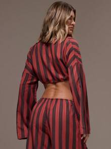 MUSERA V Neck Stripe Long Sleeve Tie Waist Top Cropped Long Sleeve Button Up Stripe Shirt Spring, Summer Casual, Cute Fall