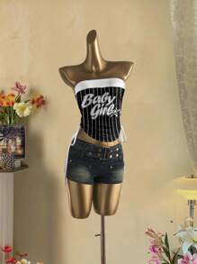 Attitoon Back To School, Black & White Striped, Retro Baby Girl Pattern, Punk Rock Style, Y2K Punk Hottie, Suitable For Music Festivals, Beach, Summer Miami Girl Tie-Front Crop Top Baby Girl Striped Tube Top Women Summer Top Beach Y2k Fashion,Back To School Goth Suitable For Going Out - Black and White - View 6