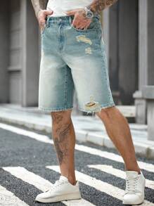 Manfinity Homme Quần short denim túi xéo giản dị mùa hè dành cho nam - Rửa trung bình - Xem 3