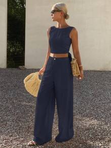 DAZY Bộ đồ hè thanh lịch dành cho nữ, gồm áo tank top và quần dài, thích hợp cho kỳ nghỉ. - Màu xanh hải quân - Xem 2