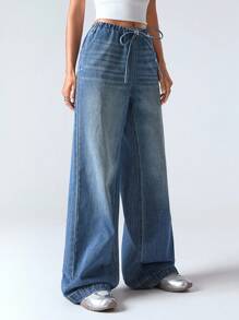 LYSMO Women's Drawstring Waist Pocketed Wide Leg Loose Casual Versatile Jeans - Blue - View 5