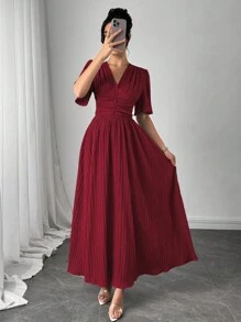 Modelyn Váy nữ tay ngắn cổ chữ V nhún eo, xuân/hè - Màu Đỏ Sâu - Xem 8