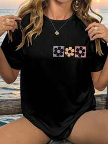 SHEIN EZwear Áo thun cổ tròn tay ngắn in hoa cỡ lớn cho nữ - màu đen - Xem 2