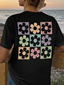 SHEIN EZwear Áo thun cổ tròn tay ngắn in hoa cỡ lớn cho nữ - màu đen - Xem 4