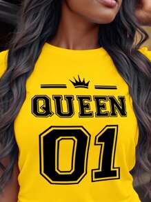 Maweii Plus Size Women's Crown & Letter Print Round Neck Short Sleeve T-Shirt Graphic Tees Women Tops - Yellow - View 3