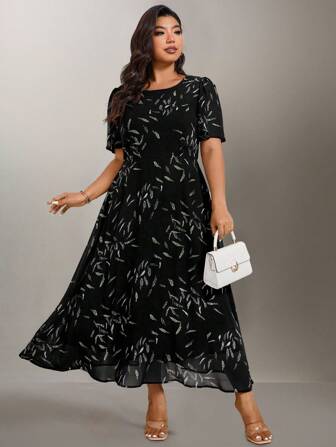 Flouryn 女式加大码优雅雪纺印花A字裙度假春装夏季女装优雅正式女装复活节女装茶会装