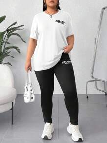SHEIN EZwear 大码夏季休闲字母印花短袖T恤和紧身裤两件套 - 黑與白 - 查看 7