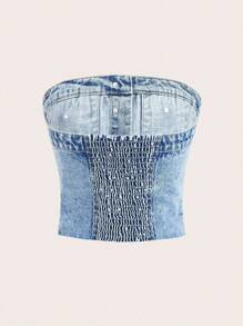 SHEIN MOD Women's Casual Single-Breasted Cropped Denim Bustier Jacket - Blue - View 2