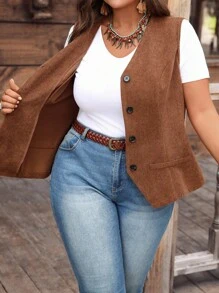 EMERY ROSE Chaqueta sin cierre de pana de un solo pecho de unicolor para mujer talla grande, para mujer de verano/otoño, ropa urbana para mujer, concierto de country, estilo de mujer de dinero antiguo, chaleco vaquero de talla grande, chalecos de pana de talla grande, adecuado para principios de otoño, salir, estilo occidental, vacaciones de mujer, principios de otoño, otoño para mujer, invierno para mujer