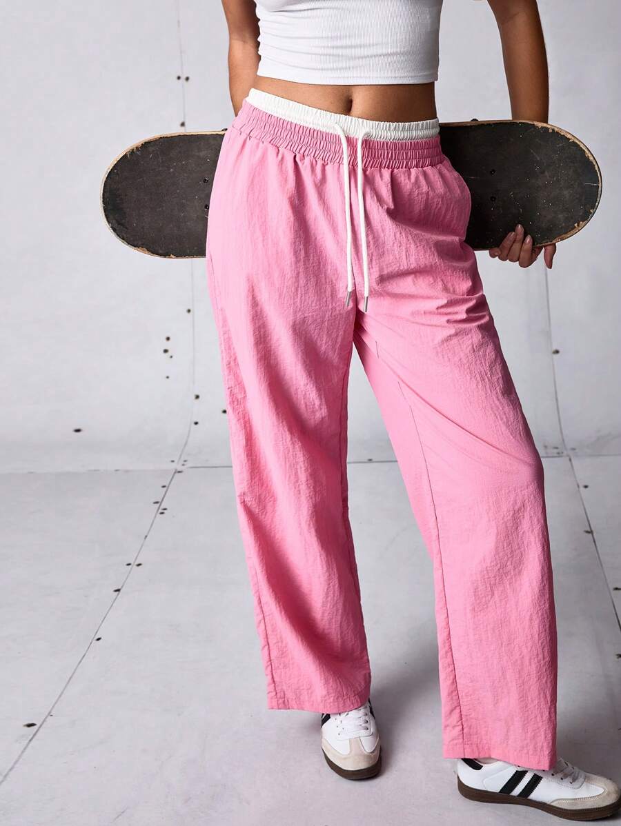 SHEIN Sports 女式撞色腰直筒运动裤 - 粉色 - 查看 1