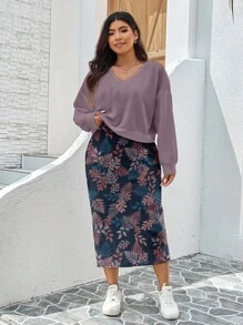 SHEIN LUNE Plus Size Women Autumn/Winter Maple Leaf Print Casual Sweatshirt Dress 2 Pieces Set,Holiday Outfits - Multicolor - View 1