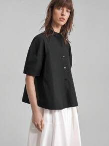 Ontre 2025 Women's Casual Solid Color Front Button Short Sleeve Shirt, Suitable For Office, Business Casual, Thanksgiving, Christmas, Urban Commute, Summer/Autumn