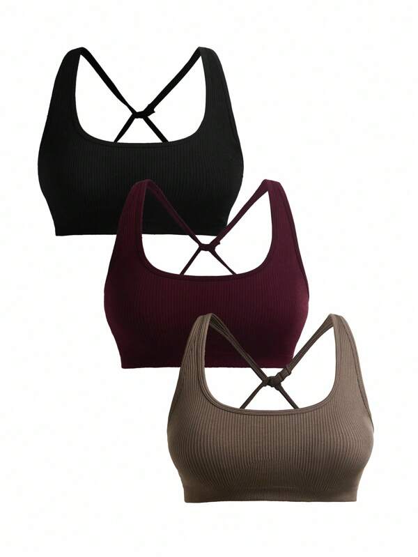 SHEIN Sport Studio 3PCS Women's Minimalist Soft Comfortable Criss Cross Back Sports Bra