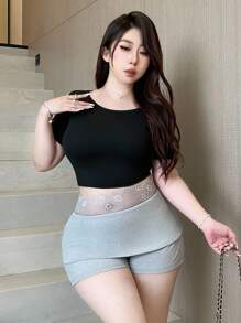 Flirla Legging Slim Fit dengan Detail Renda di Pinggang Ukuran Plus - Grey - View 2
