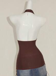 SHEIN ICON Damen Wasserfallausschnitt Metallbesatz Offener Rücken Neckholder Top Braun Neckholder Top Braun Wasserfallausschnitt Top Braun Top Braun Kleidung