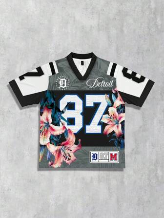 Street Life Men's Streetwear Letter & Floral Print V-Neck Short Sleeve Casual T-Shirt