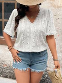 Nubod Camiseta de punto jacquard de manga corta y cuello en V para uso casual de diario, talla grande, verano