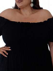 Pretty and Ole 优雅通勤复古简约休闲百搭女士时尚热卖品，荷叶边面料，蝴蝶结装饰，松紧腰身，喇叭下摆设计黑色大码连衣裙，适合春季、夏季、秋季 - 黑色 - 查看 11